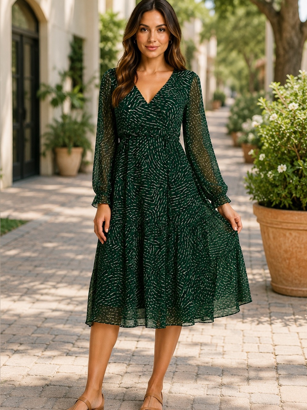 Ba&sh Lady Dress Women  sz US 6 Midi Forrest Fairy Geo Design Boho Green/Cream